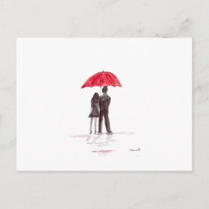 Carte Postale Amour couple avec parapluie rouge couple romantiqu