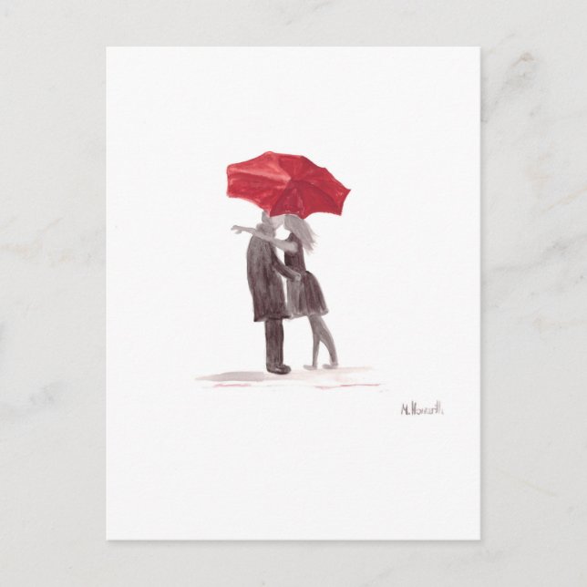 Carte Postale Amour couple avec parapluie rouge couple romantiqu (Devant)