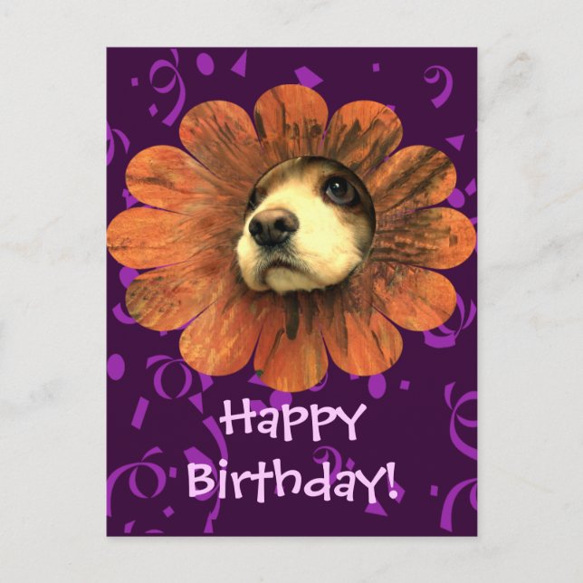 Carte Postale Amour de chiot sortant d'une fleur (Devant)
