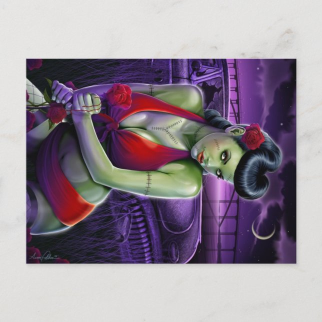 Carte Postale amour de fille de zombi avec la voiture rose et (Devant)