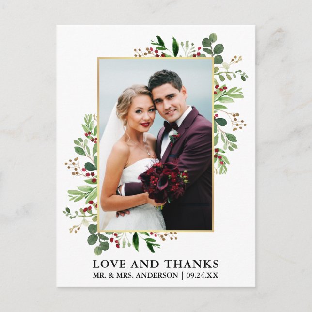 Carte Postale Amour de verdure hivernale aquarelle Merci Or (Devant)