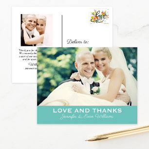 Carte Postale Amour et Merci Aqua Blue Mariage Monogramme Photo