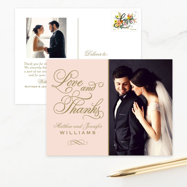 Carte Postale Amour et Merci Blush Gold Photo Mariage Merci (Créateur téléchargé)