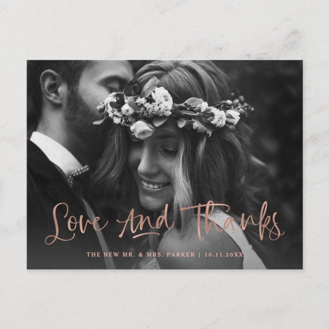 Carte Postale Amour et Merci Rose Gold Photo Mariage Merci (Devant)