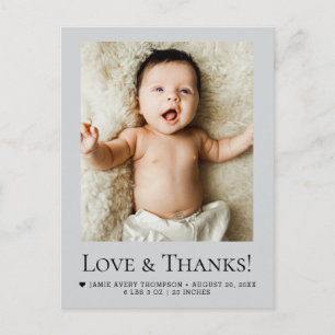 Carte Postale Amour et Remerciements Mod Gris Bébé Photo Naissan