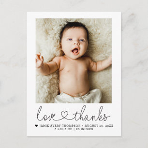 Carte Postale Amour et Remerciements Photo de naissance de bébé