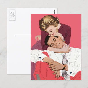 Carte Postale Amour et romance vintage, jeunes mariés en rose