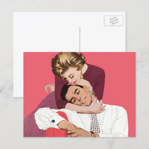 Carte Postale Amour et romance vintage, jeunes mariés en rose