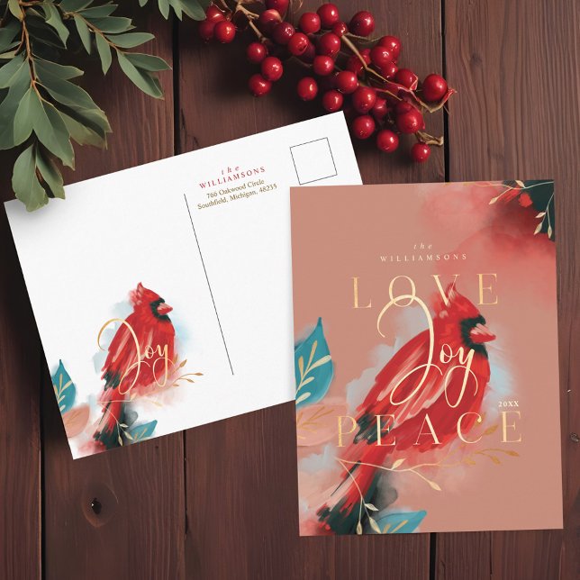 Carte Postale Amour Joy & Paix Cardinal Rouge Aquarelle Blush (Love Joy & Peace Red Cardinal Watercolor Blush Postcard)