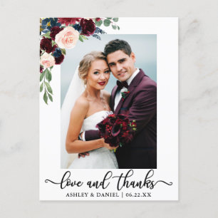 Carte Postale Amour mariage et merci Burgundy Blue Floral