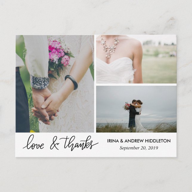 Carte Postale Amour Moderne Et Merci Script Trois Photos Mariage (Devant)