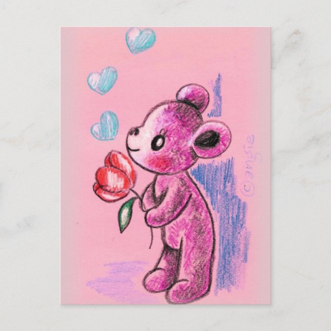 Carte Postale Amour Ours Teddy Avec Tulipe (Devant)