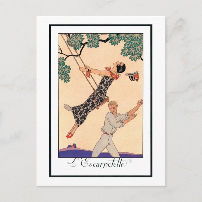 Carte Postale Amour vintage Romance, Escarpolette Swing Barbier (Devant)