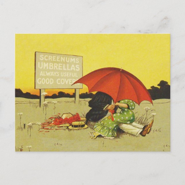 Carte Postale Amoureux parasol vintage plage  (Devant)