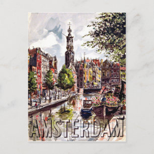 Carte Postale Amsterdam, bâtiments et port de la ville. Vintage