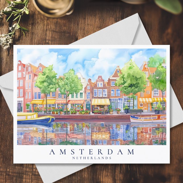 Carte Postale Amsterdam Canal & Boats Watercolor Travel (Amsterdam Canal & Boats Watercolor Travel Postcard)