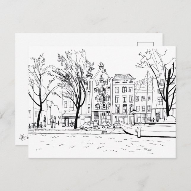 Carte Postale Amsterdam Canal Maisons noir et blanc Sketch (Devant / Derrière)