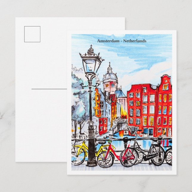 Carte Postale Amsterdam Canal Netherlands Sketch (Devant / Derrière)