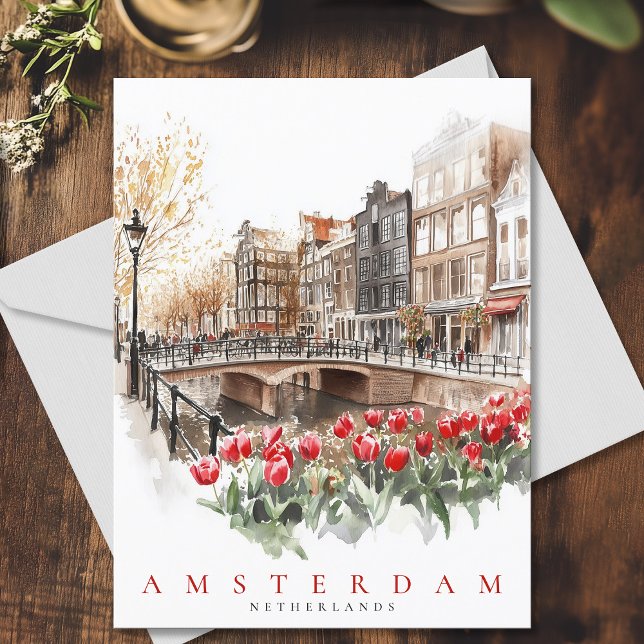 Carte Postale Amsterdam Canal Red Tulips Aquarelle Voyage (Amsterdam Canal Red Tulips Watercolor Travel Postcard)