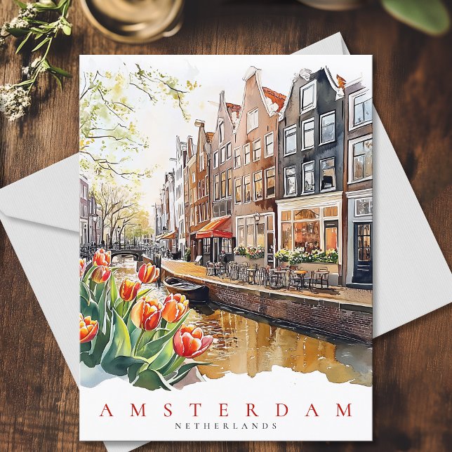 Carte Postale Amsterdam Canal Spring Time Waterton Travel (Amsterdam Canal Spring Time Watercolor Travel Postcard)