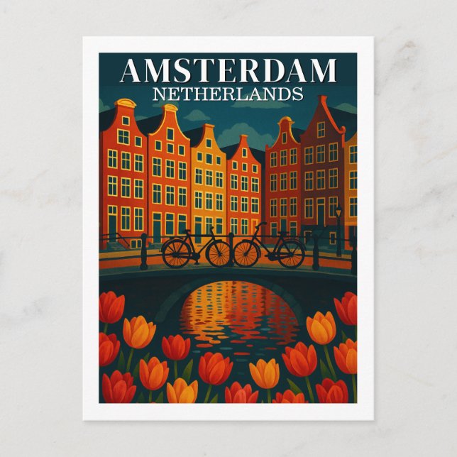 Carte Postale Amsterdam la nuit Fleurs & Bicyclettes (Devant)