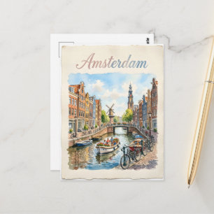 Carte Postale Amsterdam Pays-Bas aquarelle