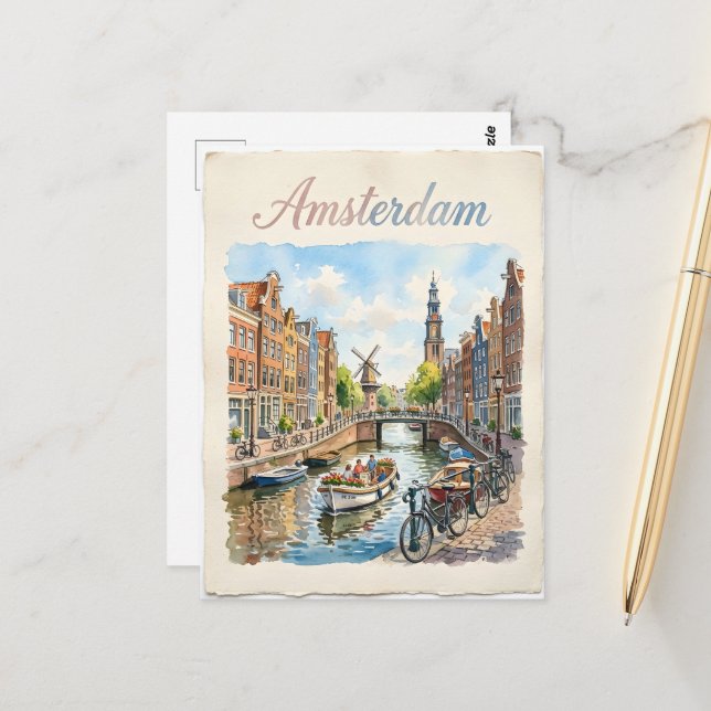 Carte Postale Amsterdam Pays-Bas aquarelle (Devant/Arrière en situation)