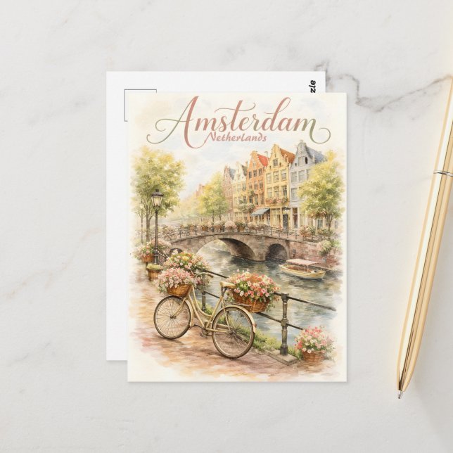 Carte Postale Amsterdam Pays-Bas aquarelle (Devant/Arrière en situation)