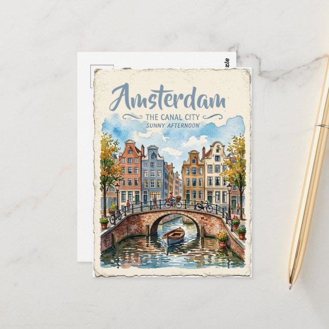 Carte Postale Amsterdam Pays-Bas aquarelle (Devant/Arrière en situation)