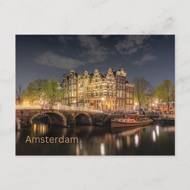 Carte Postale Amsterdam, Pays-Bas City Bridge Vue nocturne (Devant)