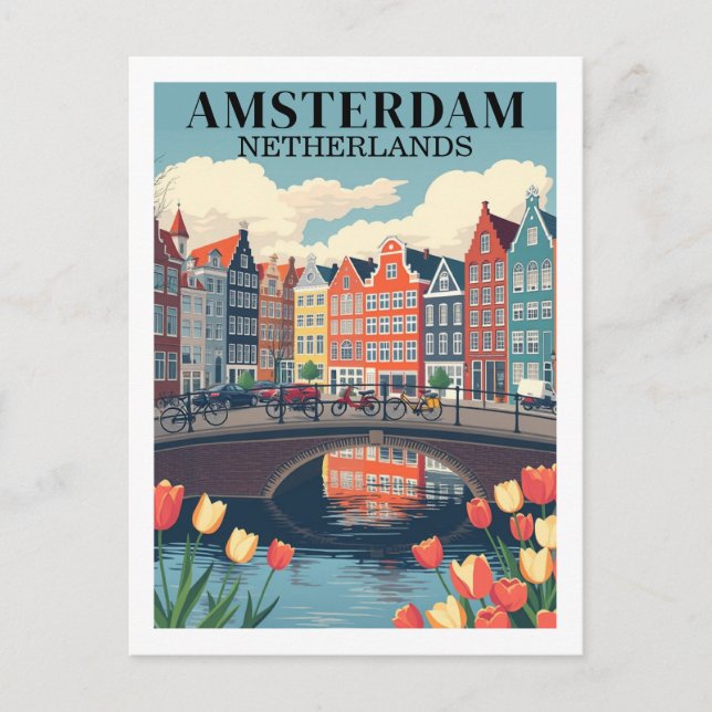 Carte Postale Amsterdam Pays-Bas Illustration Vélos De Voyage (Devant)