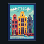 Carte Postale Amsterdam Pays-Bas Maisons colorées Voyage Rétro<br><div class="desc">Amsterdam design de voyage vectoriel rétro dans un style emblème. Elle est connue pour son patrimoine artistique,  son système de canaux élaboré et ses maisons étroites aux façades à pignons,  héritage de l'âge d'or du XVIIe siècle.</div>