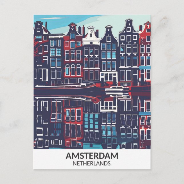 Carte Postale Amsterdam Pays-Bas Retro Artwork Travel (Devant)