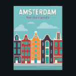 Carte Postale Amsterdam Pays-Bas Travel Art Vintage<br><div class="desc">Amsterdam design de voyage vectoriel rétro dans un style emblème. Elle est connue pour son patrimoine artistique,  son système de canaux élaboré et ses maisons étroites aux façades à pignons,  héritage de l'âge d'or du XVIIe siècle.</div>