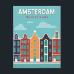 Carte Postale Amsterdam Pays-Bas Travel Art Vintage<br><div class="desc">Amsterdam design de voyage vectoriel rétro dans un style emblème. Elle est connue pour son patrimoine artistique,  son système de canaux élaboré et ses maisons étroites aux façades à pignons,  héritage de l'âge d'or du XVIIe siècle.</div>
