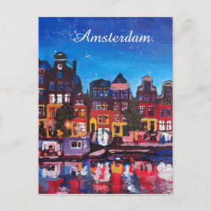 Carte Postale Amsterdam Skyline Avec Canal La Nuit