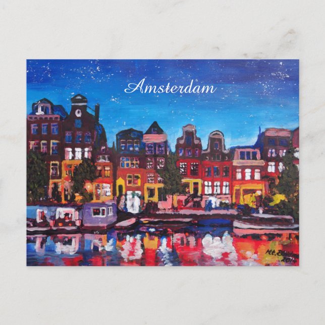 Carte Postale Amsterdam Skyline Avec Canal La Nuit (Devant)