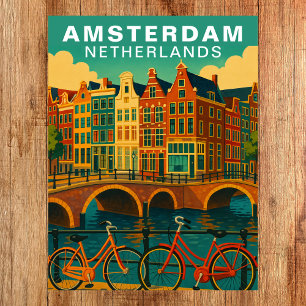 Carte Postale Amsterdam vintage Pays-Bas Canaux & Bicyclette