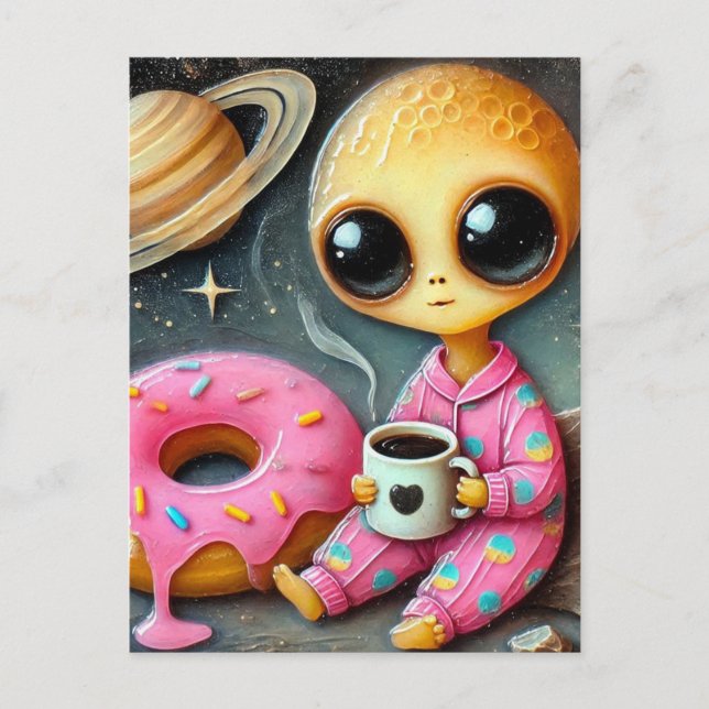Carte Postale Amusant Alien avec café et beignet dans l'espace (Devant)
