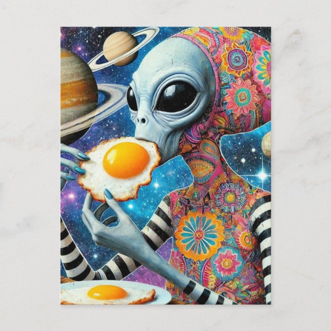 Carte Postale Amusant Alien Drôle Manger des oeufs frits (Devant)