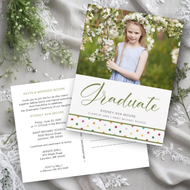 Carte Postale Amusant chéri Pois verts Grad photo Grad (Funny Cherish Green Polka Dots Grad Photo Graduation Invitation Card.)