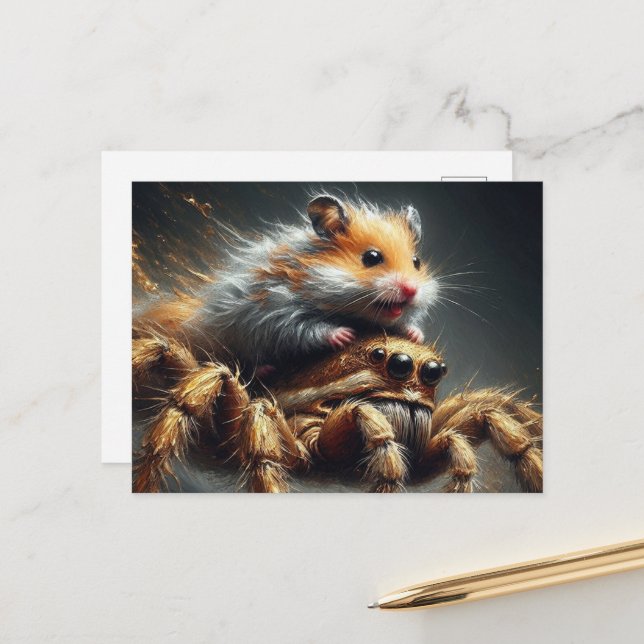 Carte Postale Amusant hamster chevauchant une araignée géante (Devant/Arrière en situation)