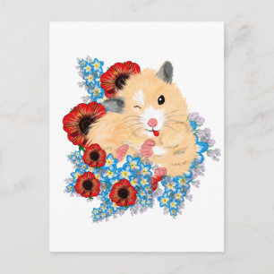 Carte Postale Amusant hamster syrien d'or assis en fleurs