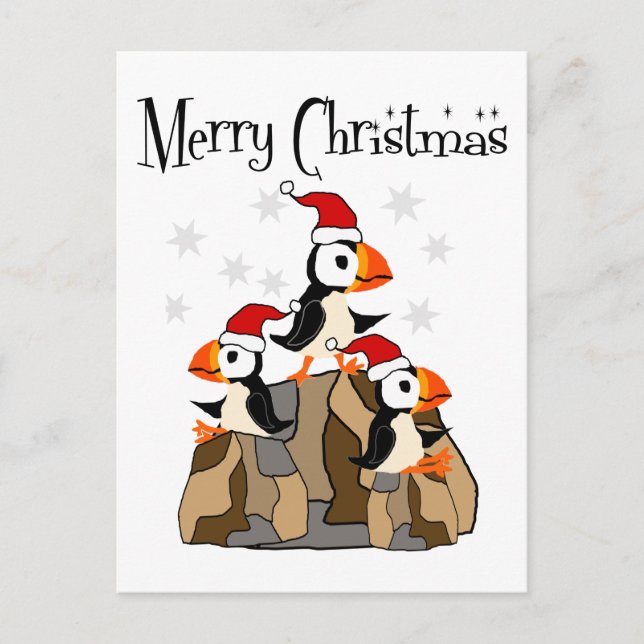Carte Postale Amusant Joyeux Noël Puffin Oiseaux et neige (Devant)