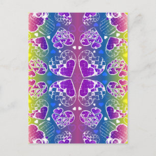 Carte Postale Amusant Violet, bleu, jaune motif de Coeurs Whimsi