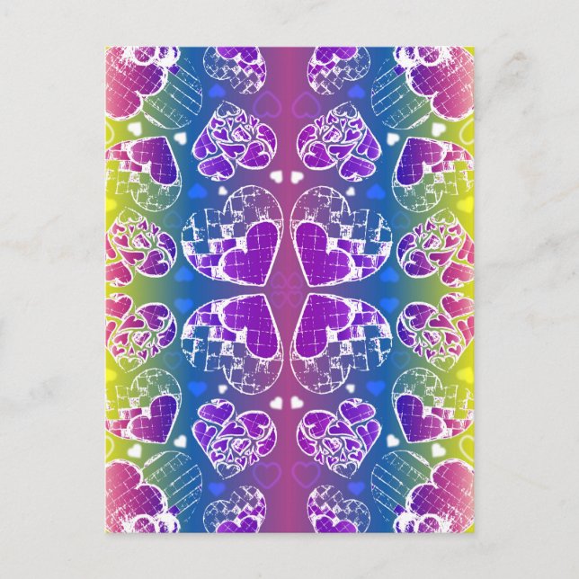 Carte Postale Amusant Violet, bleu, jaune motif de Coeurs Whimsi (Devant)