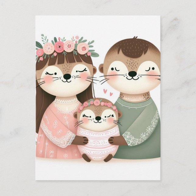 Carte Postale Amusante Mignonne Famille de Otter Cartoon (Devant)