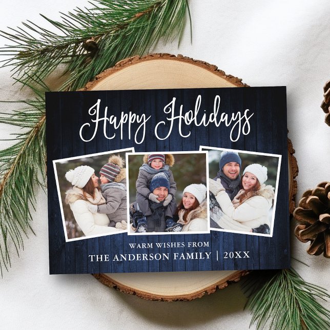 Carte Postale Amusants Calligraphie Bleu Bois 3 Photo Holiday (Customize to change your personalized text size or text style.)