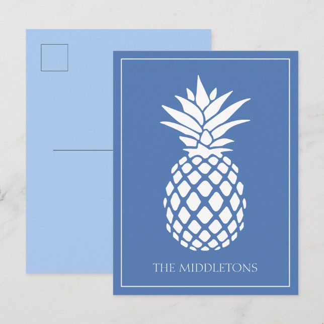 Carte Postale Ananas blanc chic sur fond bleu (Devant / Derrière)