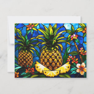 Carte Postale Ananas en verre tendu et fleurs tropicales